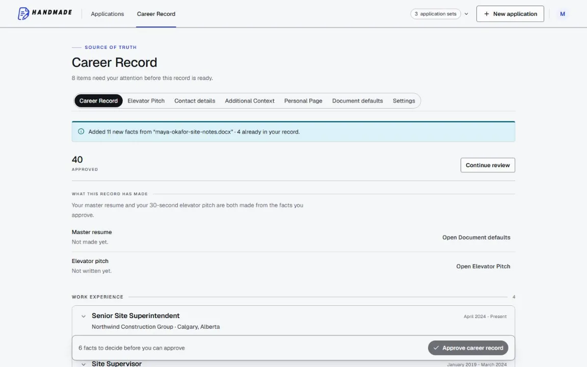 The Career Record with the approved work history grouped by employer, the count of approved facts, and the items still waiting on a decision.