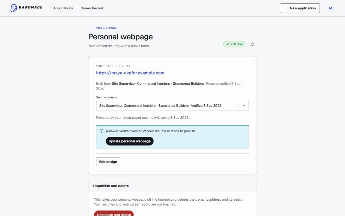 The personal page screen, showing a published one-page website built from a resume that passed its checks, with its visibility control.